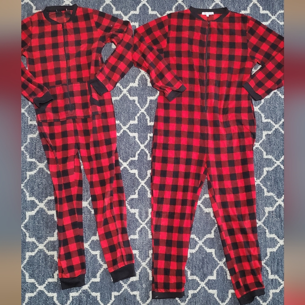 His and Her Buffalo plaid onesie pajamas  woman's size L men's size L